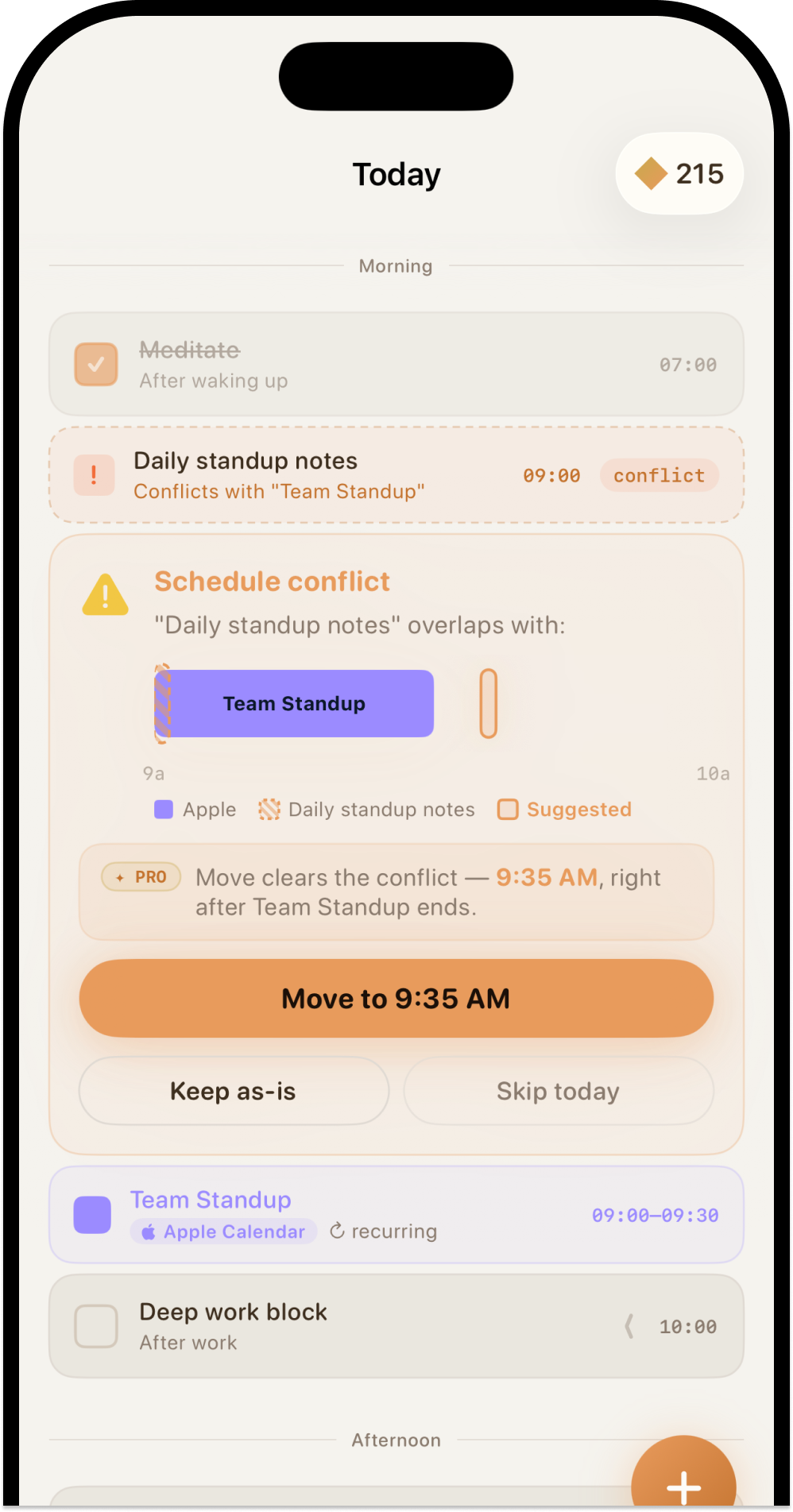 Schedule conflict detection with one-tap reschedule