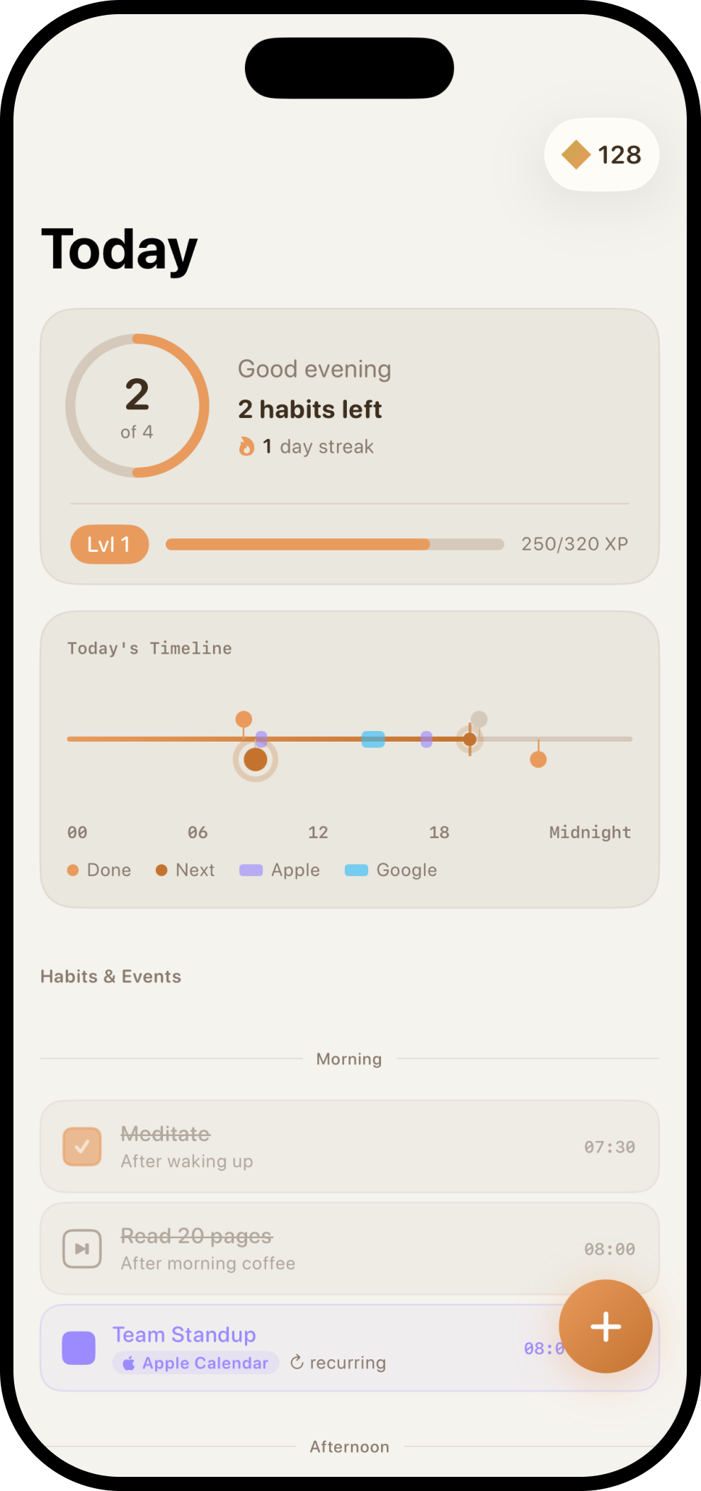 Today screen with timeline and habit list