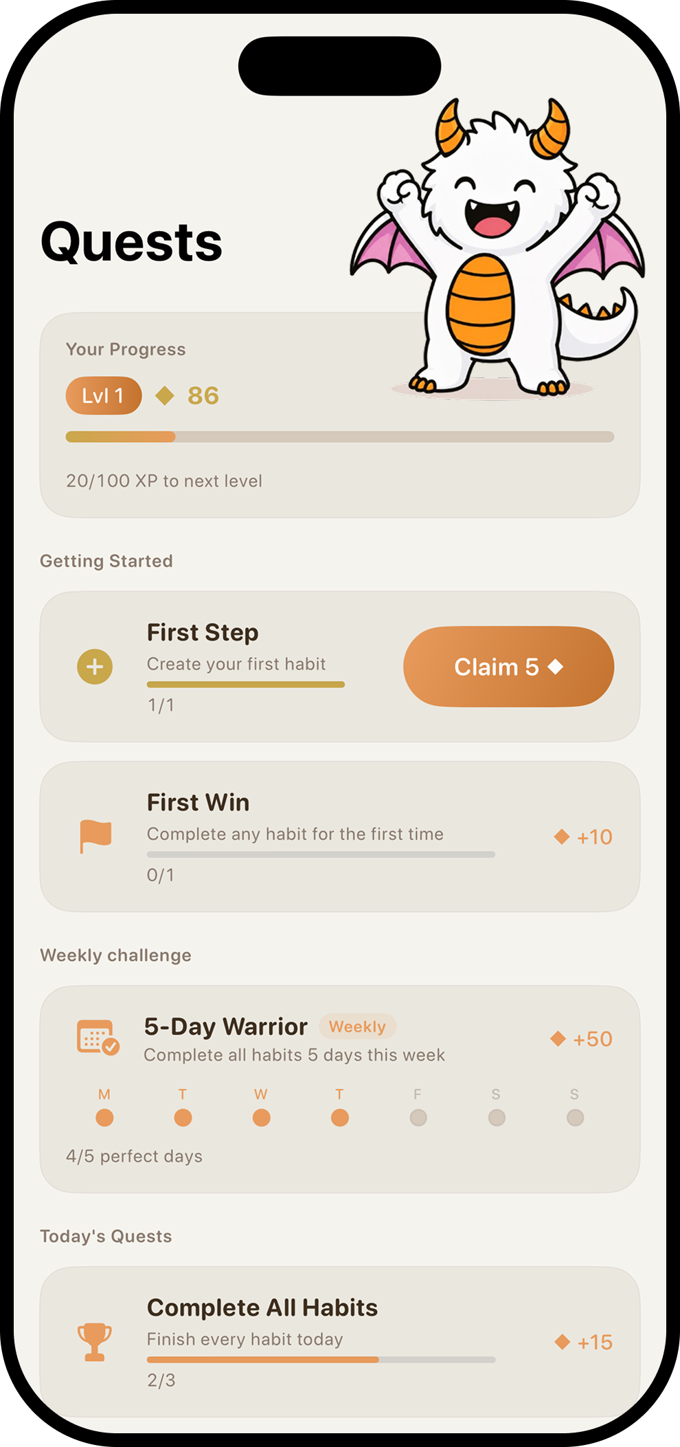 Quests screen with XP, weekly challenges and dragon mascot